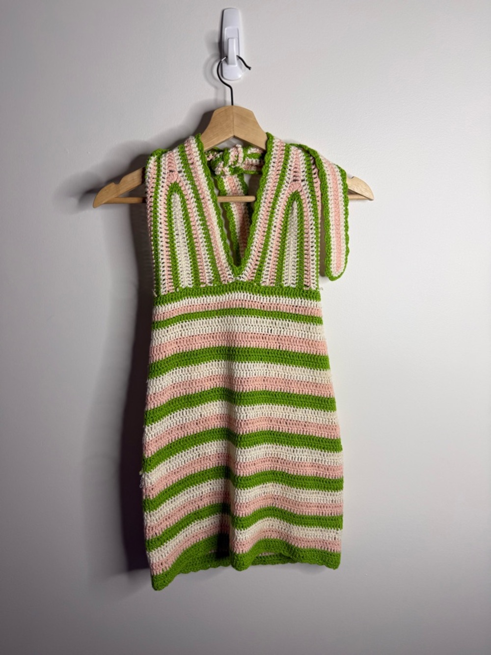 Beginning Boutique Pink and Green Striped Crochet Mini Dress size 8 halter
